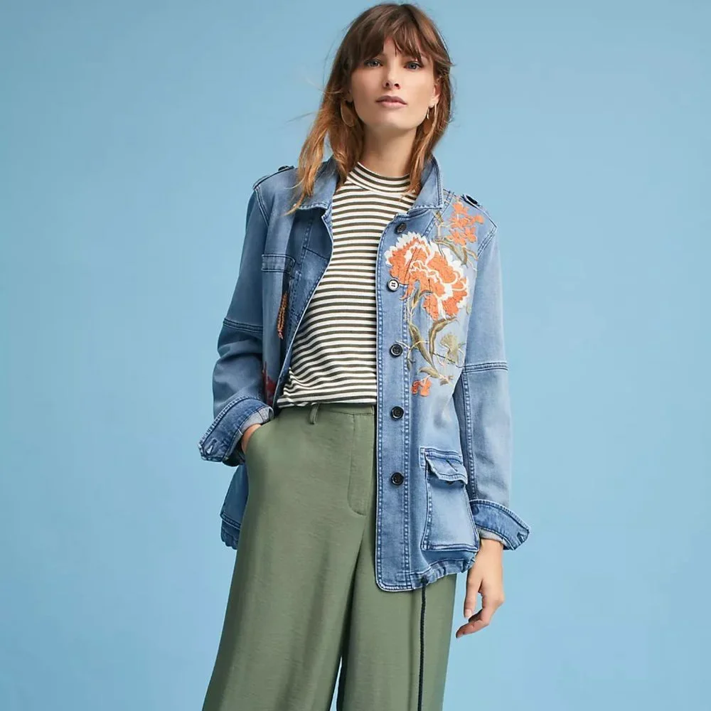 Anthropologie Light Blue Denim Jacket with Orange Floral Embroidery